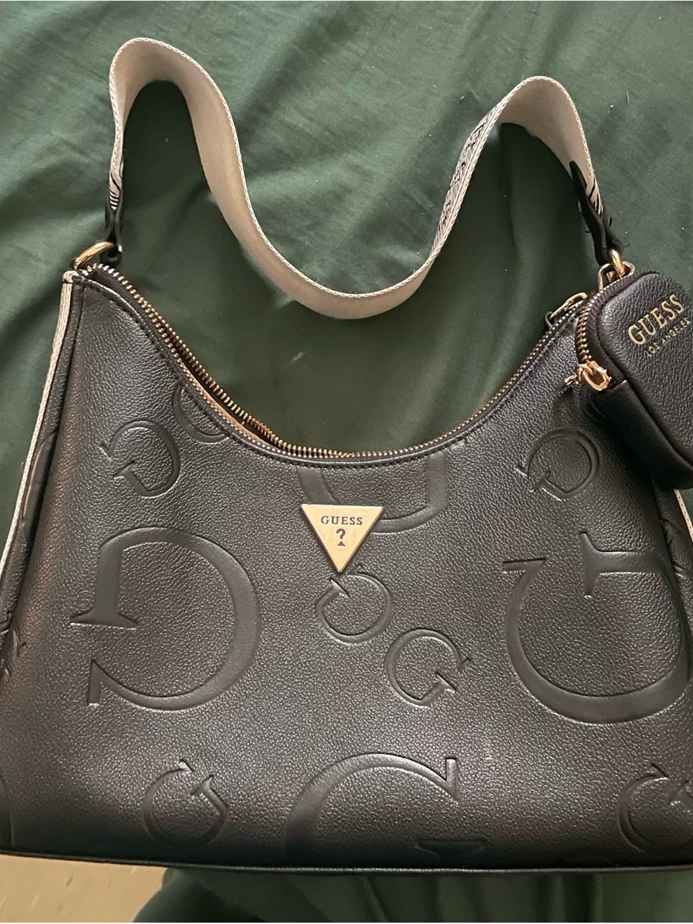 GUESS Black Embossed Logo Shoulder Bag with Gold-Tone Accent